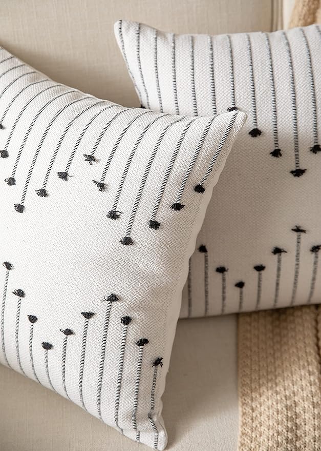 Caflife Boho Throw Pillow Covers 24x24 Set of 2 Decorative Pillows for Bed, Neutral Pillow Covers Beige with Black Line Throw Pillows for Modern Farmhouse Couch Sofa Living Room Outdoor