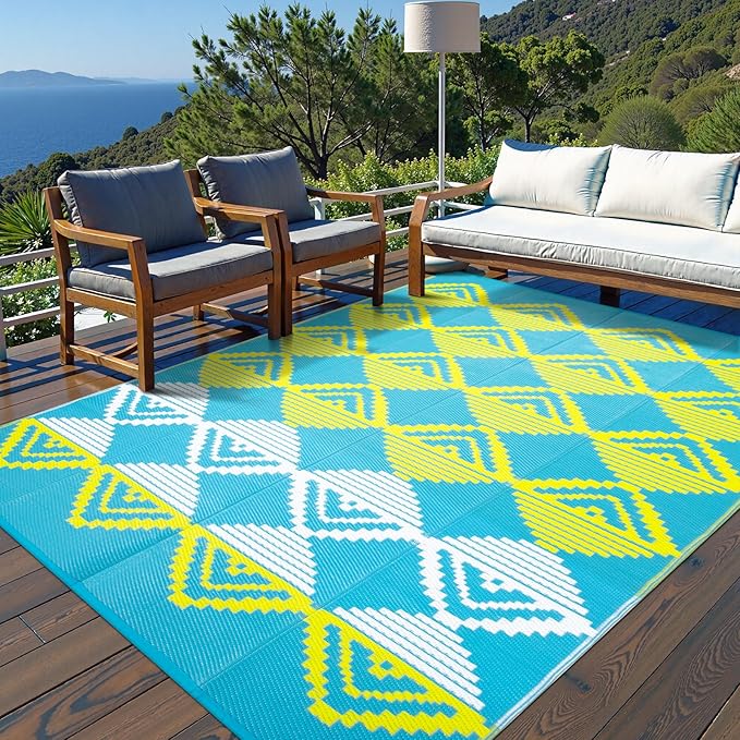 Beeiva Outdoor Rugs 8x10 Waterproof, Modern Geometric Reversible Plastic Straw Patio Mat, Large Foldable Outside Rug for Camping, Porch, Deck, Backyard, Balcony, Picnic - Blue & Yellow