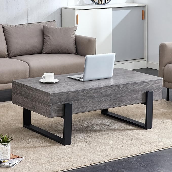 47.2'' Rectangular Coffee Table Morden Grey Table Top Black Legs for Living Room Office