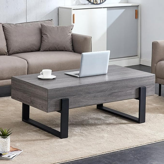 47.2'' Rectangular Coffee Table Morden Grey Table Top Black Legs for Living Room Office