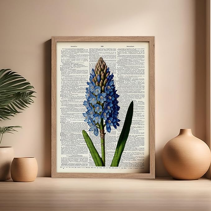 Poster Master Dictionary Art Poster - Blue Hyacinth Print - Flower Art - Floral Art - Gift for Men, Women & Florist - Minimal Decor for Bedroom, Office, Dorm or Flower Shop, 16x20 Beige Framed