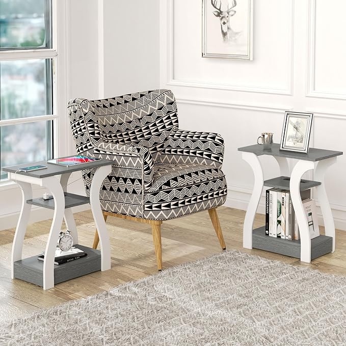 End Table Set of 2, Side Table with Charging Station, USB Ports and Outlets, 3 Tier Nightstand, Sofa Table for Small Spaces, Beside Table with Storage Shelf for Living Room, Bedroom