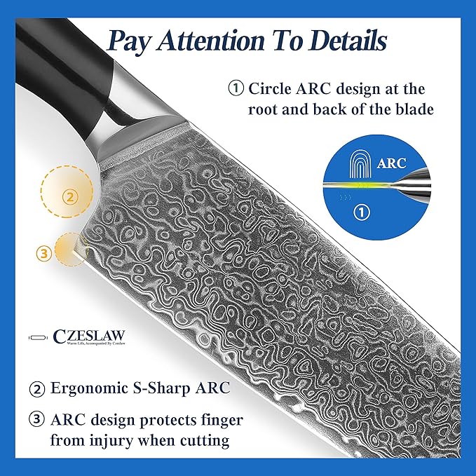 Chef's Knife, 7” Japanese Damascus Chefs Knife, Classic Light Kitchen Knife, Hand Forged Black Japanese chef knife, Professional Sharp Cooking Knife, Full Tang & Ergonomic ABS Handle Design