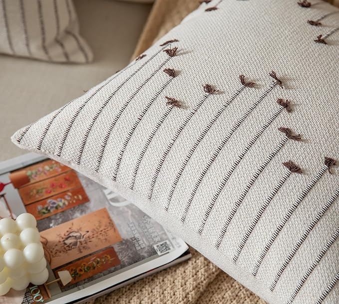Boho Throw Pillow Covers 12x20 Set of 2 Decorative Pillows for Bed, Neutral Pillow Covers Beige with Coffee Line Throw Pillows for Modern Farmhouse Couch Sofa Living Room Outdoor