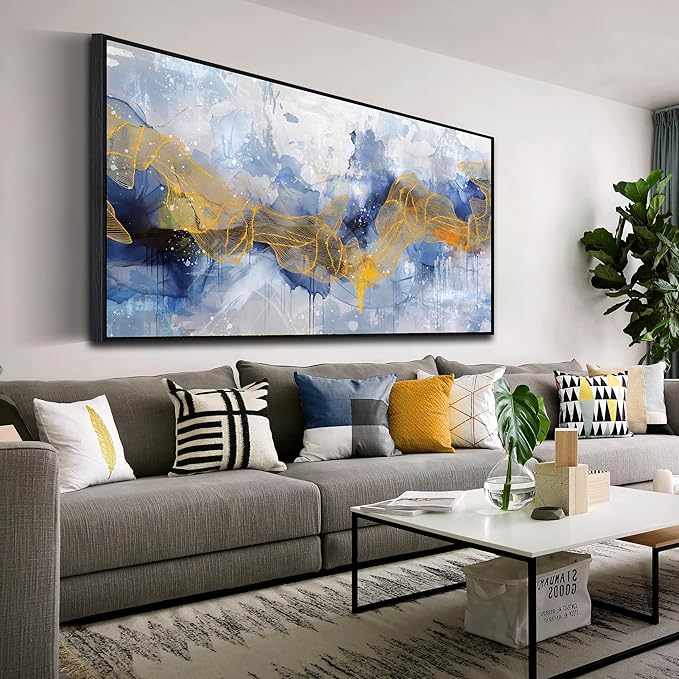 Modern Living Room Wall Art - Blue Canvas Wall Art Abstract -Large Framed Wall Art Ready to Hang Size 29" x 59"
