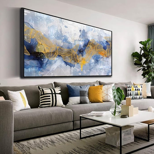 Modern Living Room Wall Art - Blue Canvas Wall Art Abstract -Large Framed Wall Art Ready to Hang Size 29" x 59"