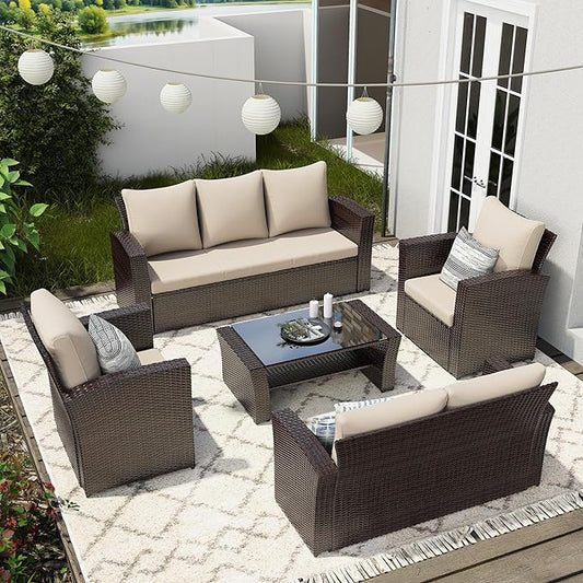 Wisteria Lane 5 Piece Outdoor Patio Furniture Sets, Wicker Conversation Set for Porch Deck, Brown Rattan Sofa Chair with Cushion