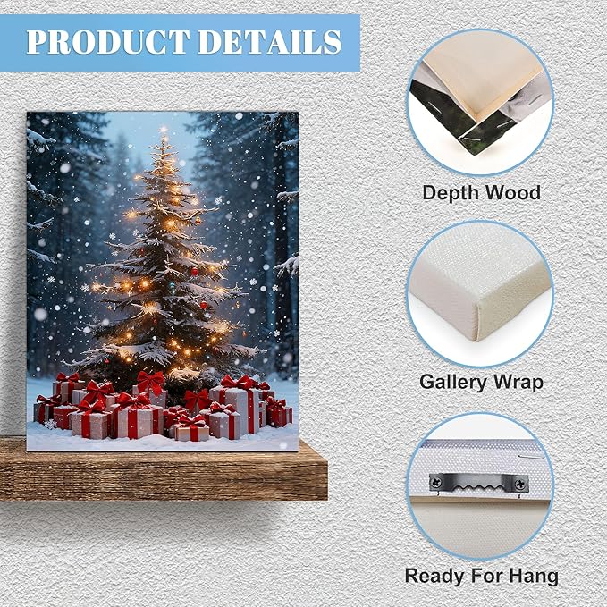 Framed Christmas Pictures Wall Decor,Vintage Pine Tree Prints,Winter Christmas Canvas Wall Art Decoration for Bedroom Bathroom Living Room Rustic Xmas Holiday Gifts (Christmas Tree 14, 16'' X 20'')