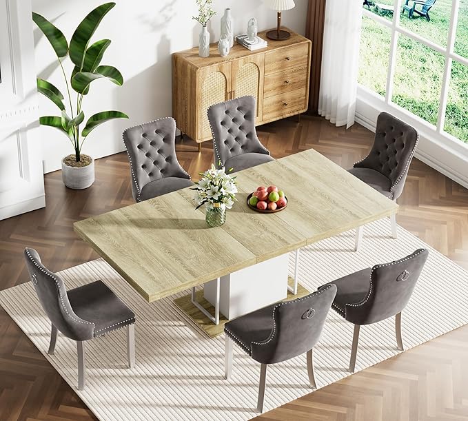 Goujxcy 78.7" Farmhouse Extendable Dining Room Table Set for 6, 7-Piece Rectangle Kitchen Dining Room Table Set with Wood Base and 6 Grey Velvet Dining Chairs, Extending Kitchen & Dining Table Set