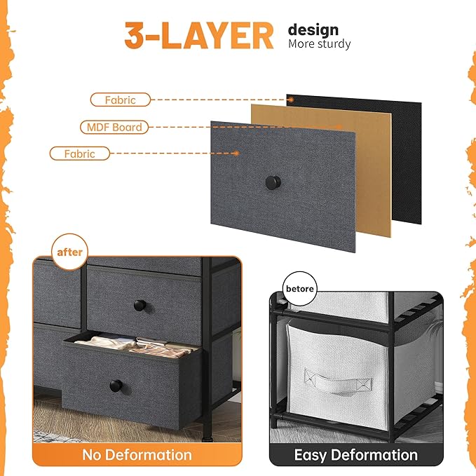 Grey Dresser with 13 Fabric Dresser，Tv Console for 40,50,55 inch, Entertainment Center, Storage Drawers for Living Room, Hallway, Entryway 47.2" Wx 33" H X 11.8" D