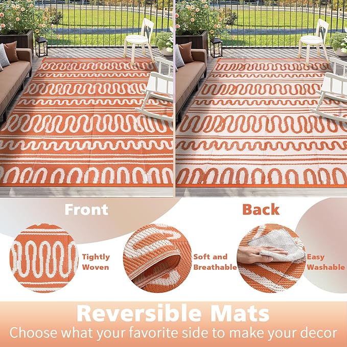 Beeiva Outdoor Rug 8x10, Outdoor Rug Waterproof Reversible, Portable Plastic Outdoor Patio Rug for Deck, Balcony, Backyard, Porch, Camping, Picnic - Orange
