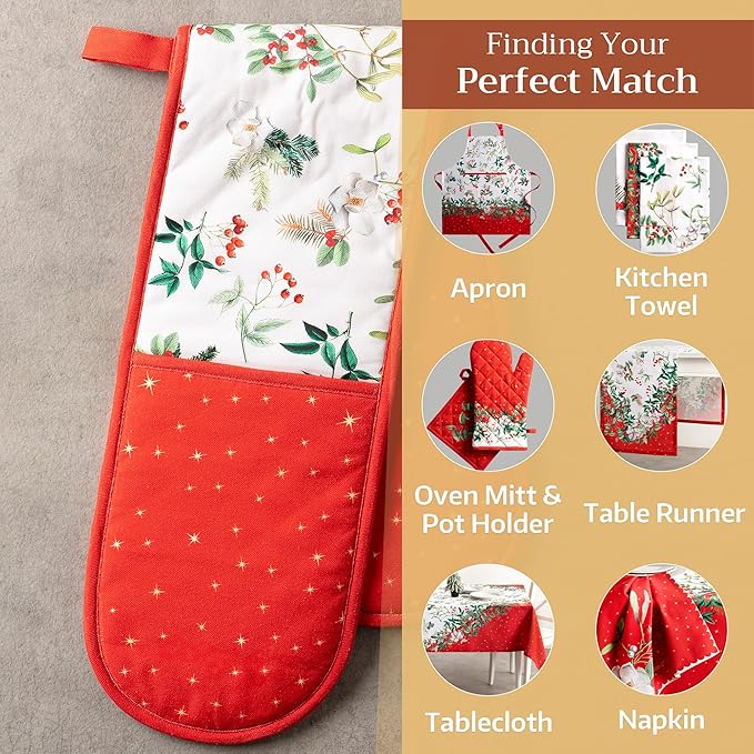 Maison d' Hermine Double Oven Mitt (7" x 35") 100% Cotton Heat Resistant BBQ Cooking Gloves with Loop for Thanksgiving Christmas Decorations Baking Cooking Barbeque Handling Hot Pan (Noel)