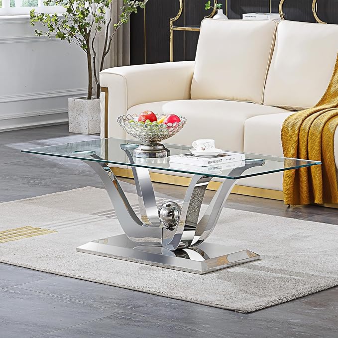 HomVent Modern Glass Coffee Table, with Stainless Steel, Living Room Table for Living Room Bedroom