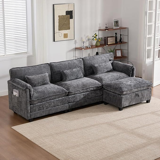 KEIKI 110" L-Shaped Boucle Modular Sectional Chenille Sofa with 1 Ottoman & Memory Foam Cushion & Phone Holder & USB, Upholstered Modern Oversized 4-Seater Couch, Easy Assembly, for Living Room, Gray