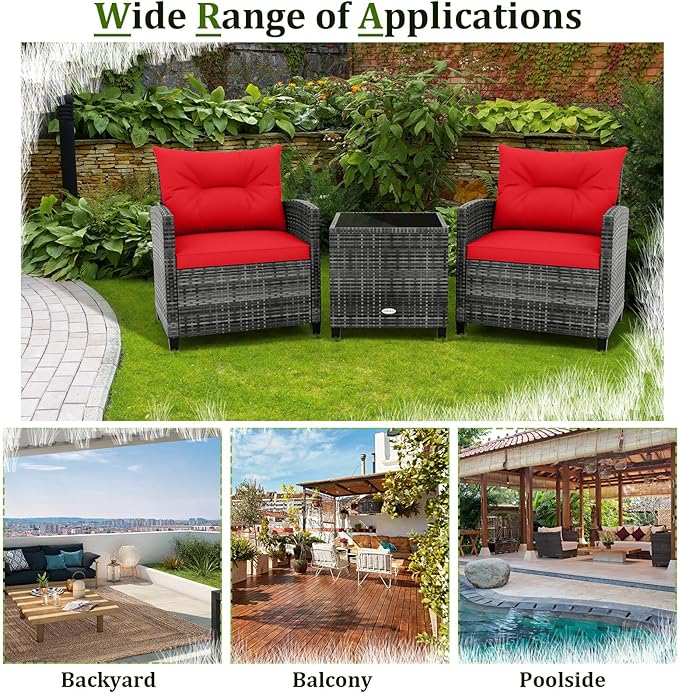 RELAX4LIFE Wicker Patio Furniture Sets - 3 Pieces Rattan Sofa Set, Outdoor Conversation Set with Tempered Glass Tabletop, Heavy-Duty Steel Frame, Wicker Chair Set for Poolside, Backyard (Grey-Red)