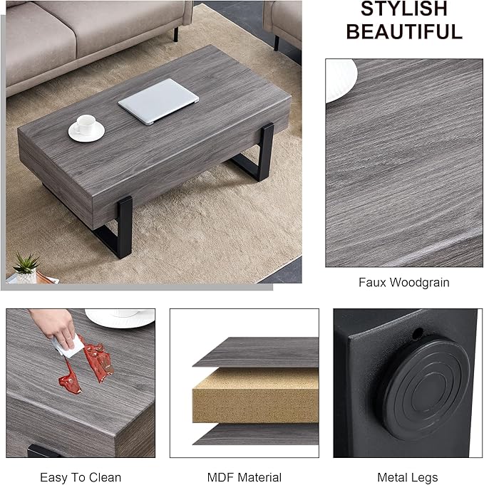 47.2'' Rectangular Coffee Table Morden Grey Table Top Black Legs for Living Room Office