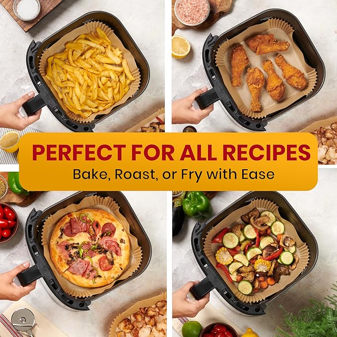 Air Fryer Paper Liners, 125Pcs Air Fryer Disposable Liners, Non-Stick and Oil Proof for Easy Cleanup, 8” Square for 5-8 qt Basket by Baker's Signature