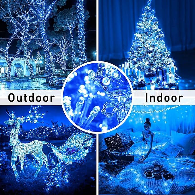 JMEXSUSS 163 FT 500 LED Blue Christmas Lights Outdoor, Waterproof Blue String Light Plug in, 8 Modes Clear Wire Christmas String Lights for Tree Yard Patio House Party Decorations