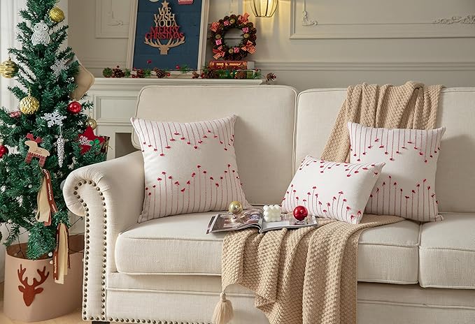 Caflife Boho Christmas Throw Pillow Covers 18x18 Set of 2, Holiday Christmas Decorative Pillow Covers Beige with Red Line for Modern Farmhouse Couch Sofa Bedroom Living Room Outdoor