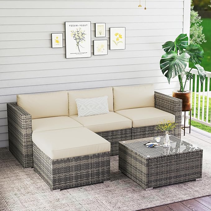 Wisteria Lane 5 Piece Outdoor Patio Furniture Set, All Weather Wicker Rattan Sectional Sofa Conversation Set with Cushions & Glass Coffee Table, Ideal for Backyard Porch Garden Balcony, Beige