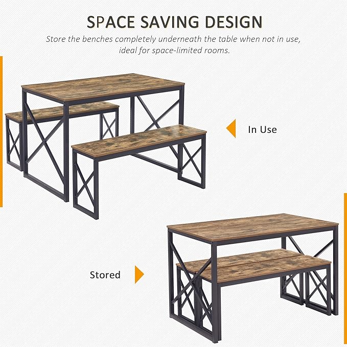 VECELO Kitchen Table with 2 Benches for 4, 43.3'' Wood Dining Room Dinette Sets with X Metal Frame for Breakfast Nook and Small Space, Brown