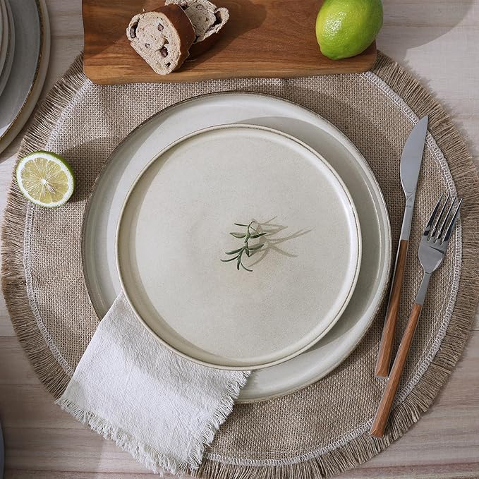 Famiware Plates and Bowls Sets, Annecy Stoneware Dinnerware Sets for 8, 24 Pieces Dish Set, Plate with Lip Edge, Reactive Glaze Tableware - Microwave & Dishwasher Safe, Grey-White