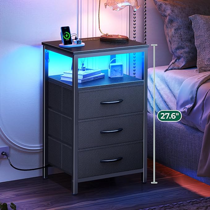 Huuger Night Stand with Charger Station and LED Lights, 3 Drawer Nightstand, Bed Side Table with Open Shelf, End Table, Tall Fabric Dresser for Bedroom, Black