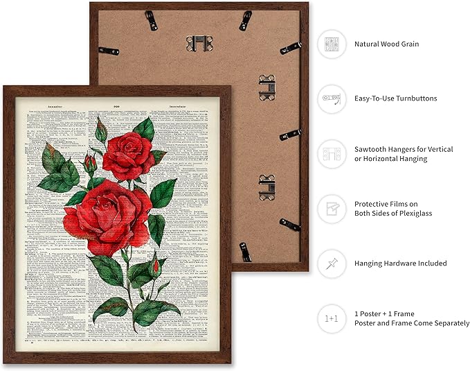 Poster Master Dictionary Art Poster - Red Roses Print - Flower Art - Floral Art - Gift for Men, Women & Florist - Minimal Decor for Living Room, Bedroom, Dorm or Flower Shop, 8x10 Brown Framed