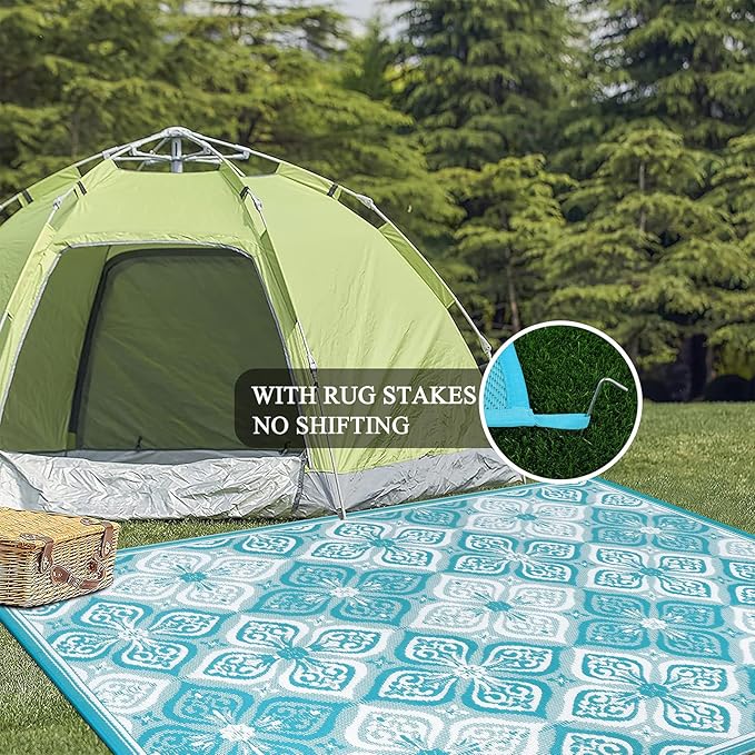 Pauwer Waterproof Outdoor Rug 9x12, Reversible Plastic Straw Patio Camping Rug, Indoor Outdoor RV Mat Carpet for Deck, Camper, Porch, Balcony, Backyard, Picnic, Clover Teal