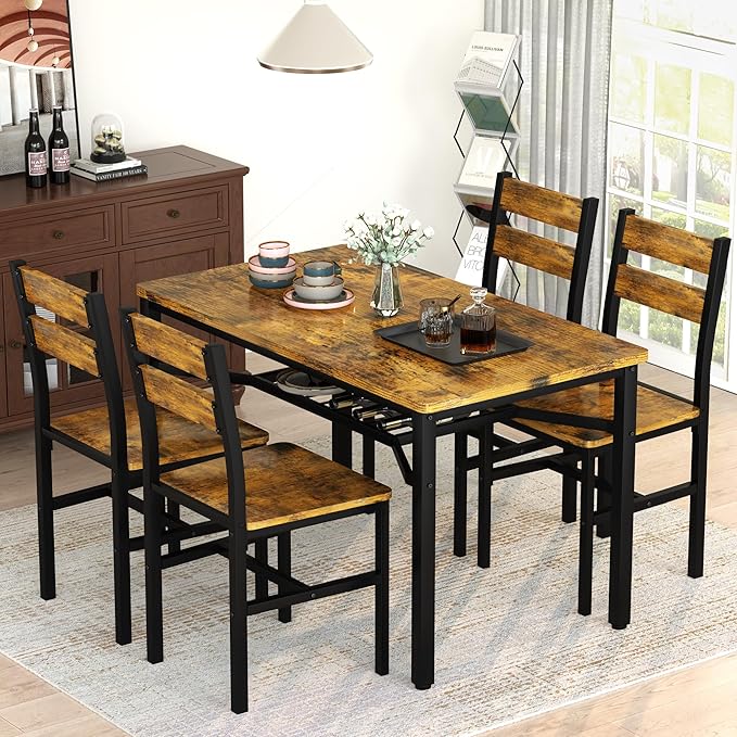 Hooseng Dining Table Set for 4, Wood Kitchen Table Chairs Set with Storage, Farmhouse 5 Piece Dining Room Table Set, Space-Saving Dinette Set for Breakfast Nook, Apartment