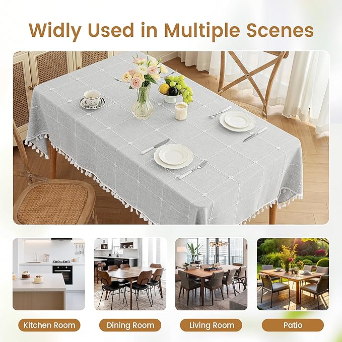 puredown® Plaid Rectangle Tablecloth, Waterproof Cotton Linen Tablecloth with Tassel, Rustic Farmhouse Table Cloths for Kitchen Dining Outdoor, 55"x102",8-10 Seats, Gray