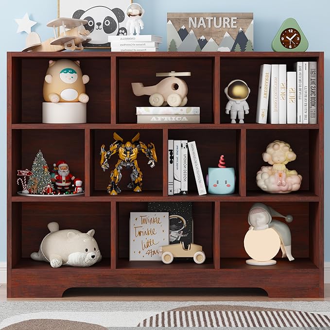 Kids Book Shelf Set of 2, 10 Cubes Storage Organizer Montessori Bookshelf, 3-Tier Wooden Kids Bookcase, Toy Storage Organizer for Children, Cherry Toddler Bookshelf Cube Shelf for Kid’s Room