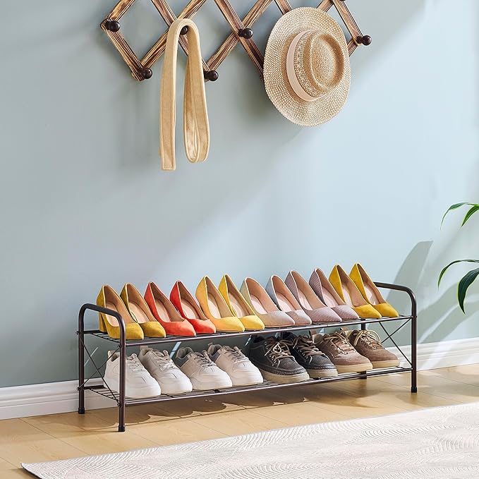 Hoctieon 2 Tier Shoe Rack for Closet, Durable Mesh Style Shoe Rack, Entryway Shoe Shelf, Shoe Storage Organizer for Hallway, Bedroom, Living Room, Wardrobe, Brown
