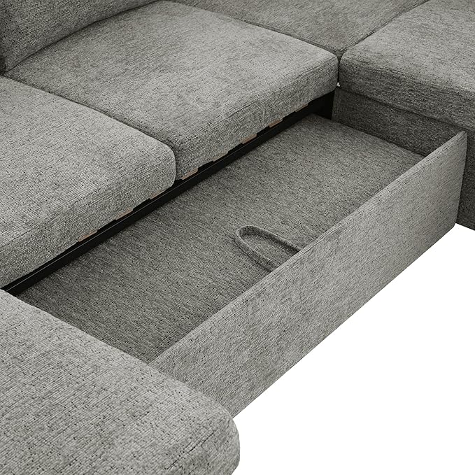 Ball & Cast 109.9" Sectional Sofa with Pull Out Bed, Chenille Upholstered Sleeper Sofa Bed with Storage Chaise, Convertible U Shaped Couch with Two Cup Holders and Charging Ports ，Light Grey