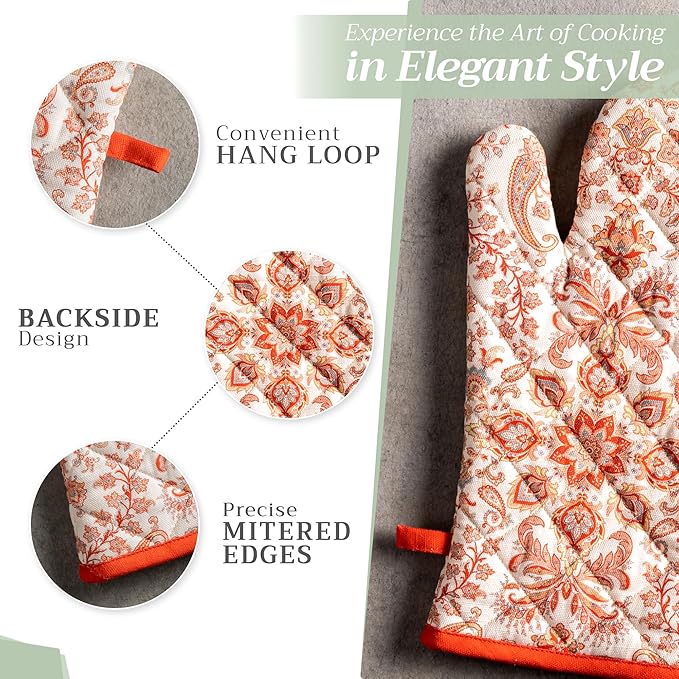 Maison d' Hermine Oven Gloves 100% Cotton Oven Mitt 7" x 13" with Loop Heat Resistant BBQ Cooking Gloves for Thanksgiving Christmas Decorations Baking Handling Hot Pans (Pack of 1, Cachemire)