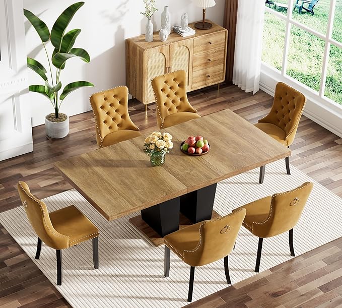 Goujxcy 7-Piece Extendable Dining Table Set for 6-8 People 63-78 Inch Kitchen Table Set with 6 Velvet Upholstered Chairs Farmhouse Rectangular Dining Room Table Set for Kitchen Dining Room Apartment
