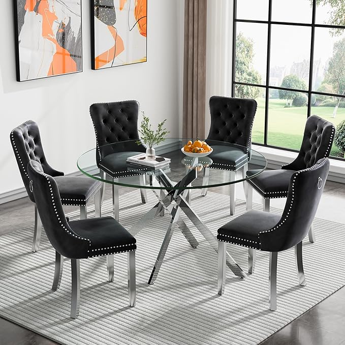 Goujxcy Round Dining Table Set for 6, Modern Glass Kitchen Table and Chairs Set of 6, 7-Piece Dining Room Table Set w/47 Circle Silver Glass Dining Table and 6 Upholstered Velvet Chairs