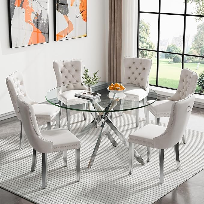 Goujxcy Round Dining Table Set for 6, Modern Glass Kitchen Table and Chairs Set of 6, 7-Piece Dining Room Table Set w/47 Circle Silver Glass Dining Table and 6 Upholstered Velvet Chairs