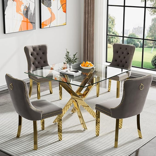 Goujxcy Glass Dining Table Set for 4, Modern Kitchen Table and Chairs Set of 4, 5-Piece Kitchen Dining Room Table Set w/36 Square Gold Glass Dining Table and 4 Grey Velvet Upholstered Chairs