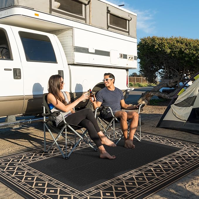 GENIMO Outdoor Rug Waterproof 6'x9' for Patio, Foldable Reversible Plastic Straw Carpet for Travel Trailers, Outside Area Mat for Rv, Deck, Picnic, Porch, Camper, Balcony, Beach, Black & Brown