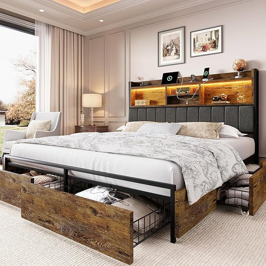 LARMACE Queen Bed Frame with 6 Storage Drawers, Bed Frame Queen Size with Linen Upholstered Headboard, Built in Charging Station and LED, No Noise, Metal Support, No Box Spring Needed,Vintage Brown