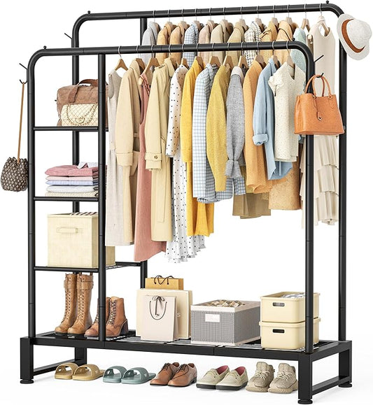 Double Rods Clothes Rack Clothing Rack with 4 Tier Storage Shelves Clothes Rack for Hanging Clothes Multifunctional Heavy Duty Clothes Organizer with Hooks for Bedroom,Wardrobe Closet,Shop,Black