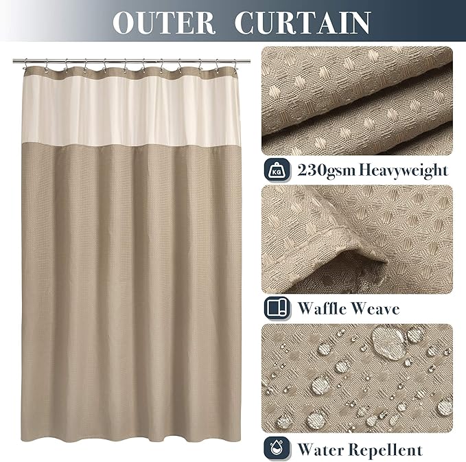 N&Y HOME Waffle Weave Shower Curtain with Snap-in Fabric Liner Set, 12 Hooks Included - Hotel Style, Water-Repellent & Washable, Mesh Top Window - 71x72, Linen