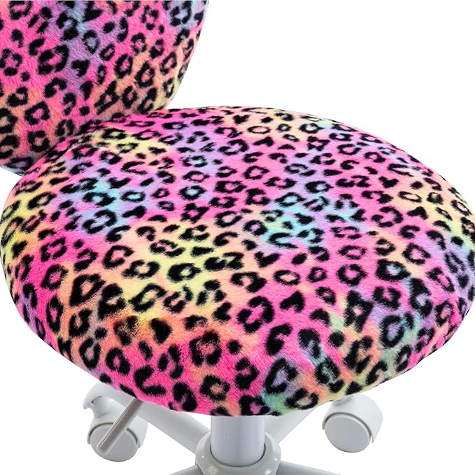 Kmax Kids Reading Chair, Rolling Cute Desk Chair for Girls Swivel Office Chair with Wheels & Heart Back Adjustable Childrens Vanity Chair for Bedroom Reading Room - Faux Fur, Leopard