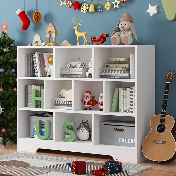 Book Shelf for Kids, 10 Cubes Storage Organizer Montessori Bookshelf, 3-Tier Wooden Kids Bookcase, Toy Storage Organizer for Children, white Toddler Bookshelf Cube Shelf for Kid’s Room, Classroom