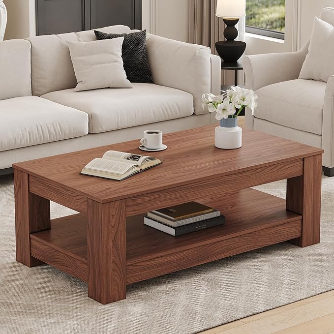 43.3" Coffee Table with Storage, 2-Tier Mid Century Rectangular Accent Table with Thick Tabletop, Rustic Style Cocktail, Center Table for Living Room, Office, Apartment (Walnut)