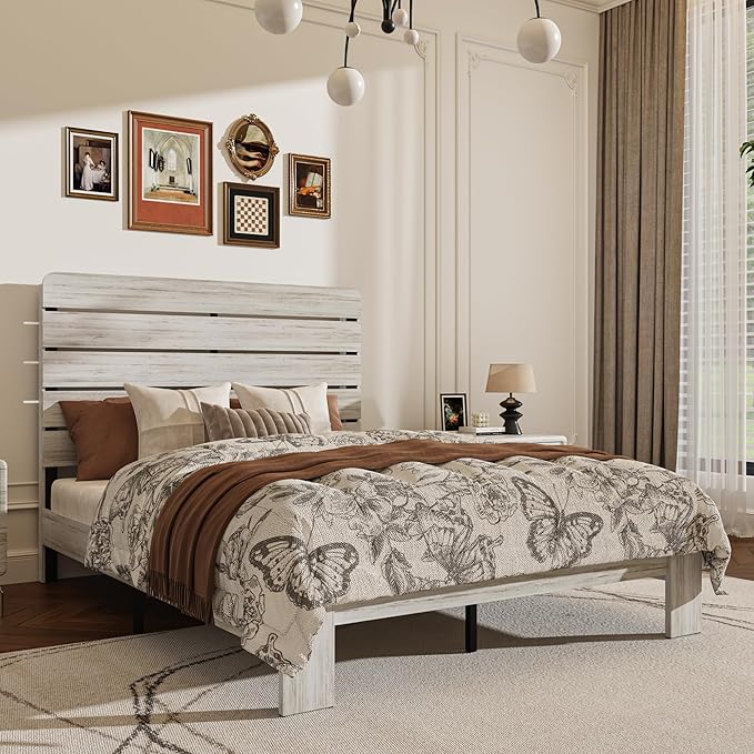 King Size Wooden Bed Frame with Headboard, Boho Platform Bedframe with Wood Slat Support, Sturdy and No Noise, Easy Assembly (Boho White, King)