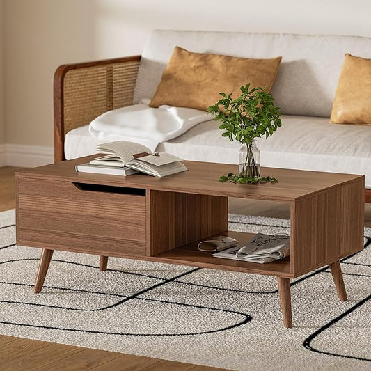Brown Coffee Table, Mid Century Modern Coffee Table with Drawer & Shelf, 39'' Wooden Simple Console Table for Living Room