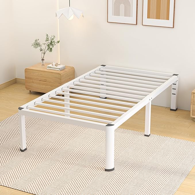 18 Inch Twin Size Metal Bed Frame with Round Corners, Storage Space Under High Bed Frame-Heavy Duty Steel Slats Support, Noise Free - Easy Assembly - No Box Spring Needed,White