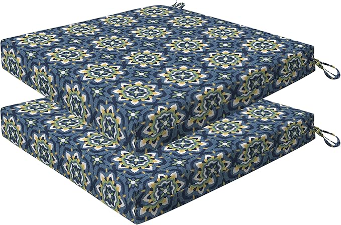 Honeycomb Outdoor Essentials Set of 2 Square Seat Pads, 19 x 19, Medina Medallion Blue Dining Chair Cushions for Patio Furniture